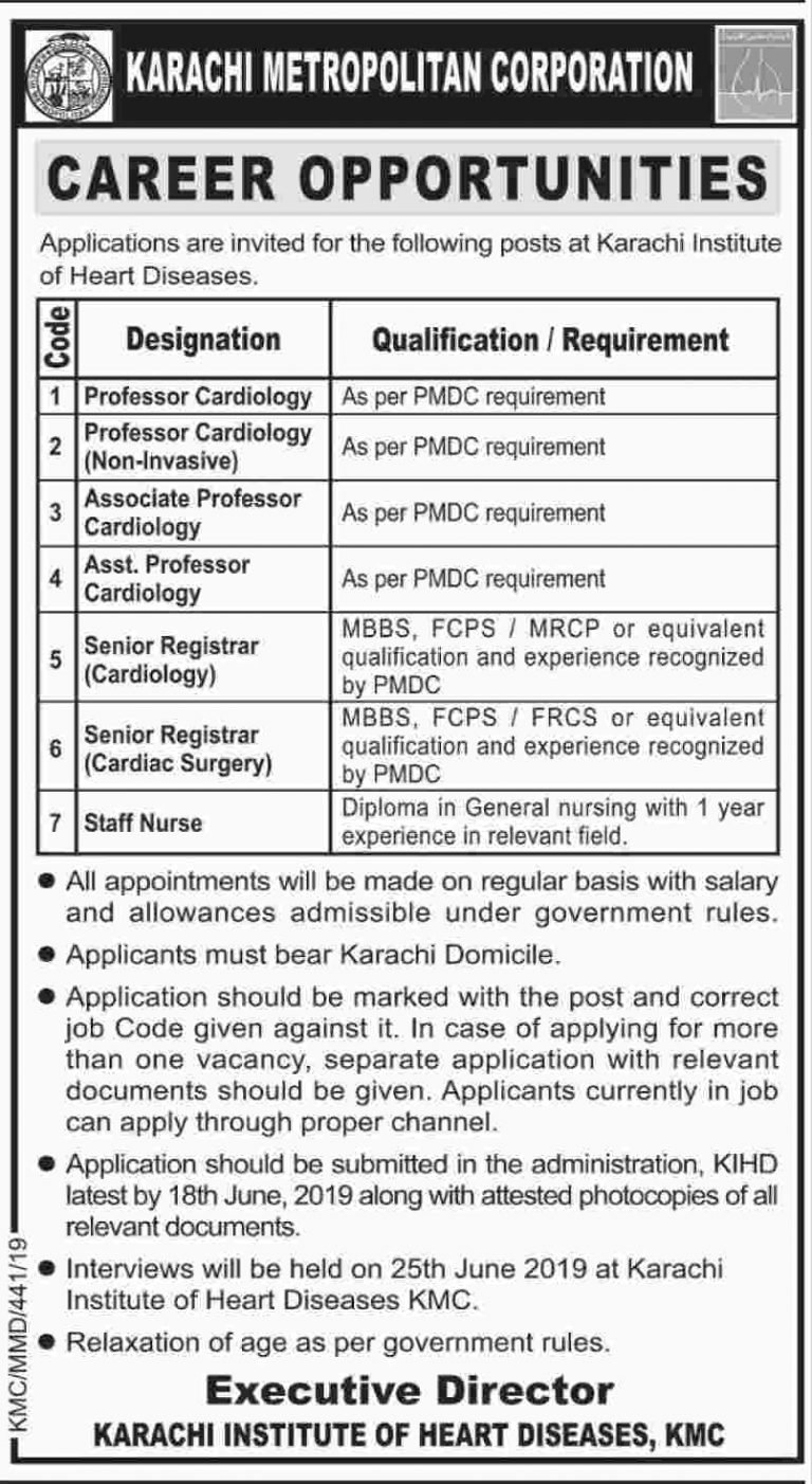 Karachi Metropolitan Corporation (KMC) Jobs 2019 for Staff Nurses, Registrars & Teaching Faculty