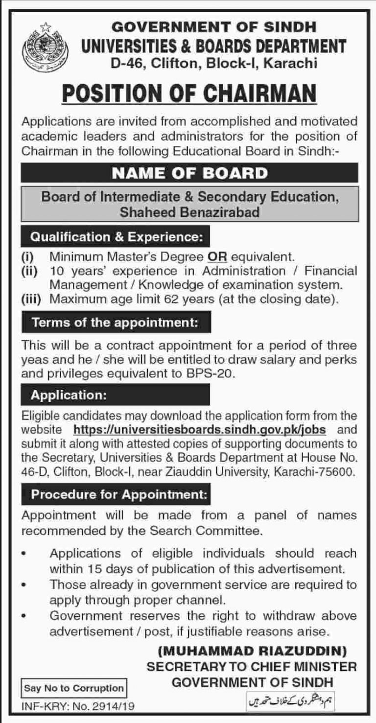 Universities & Boards Department Sindh Jobs 2019 for Chairman Posts