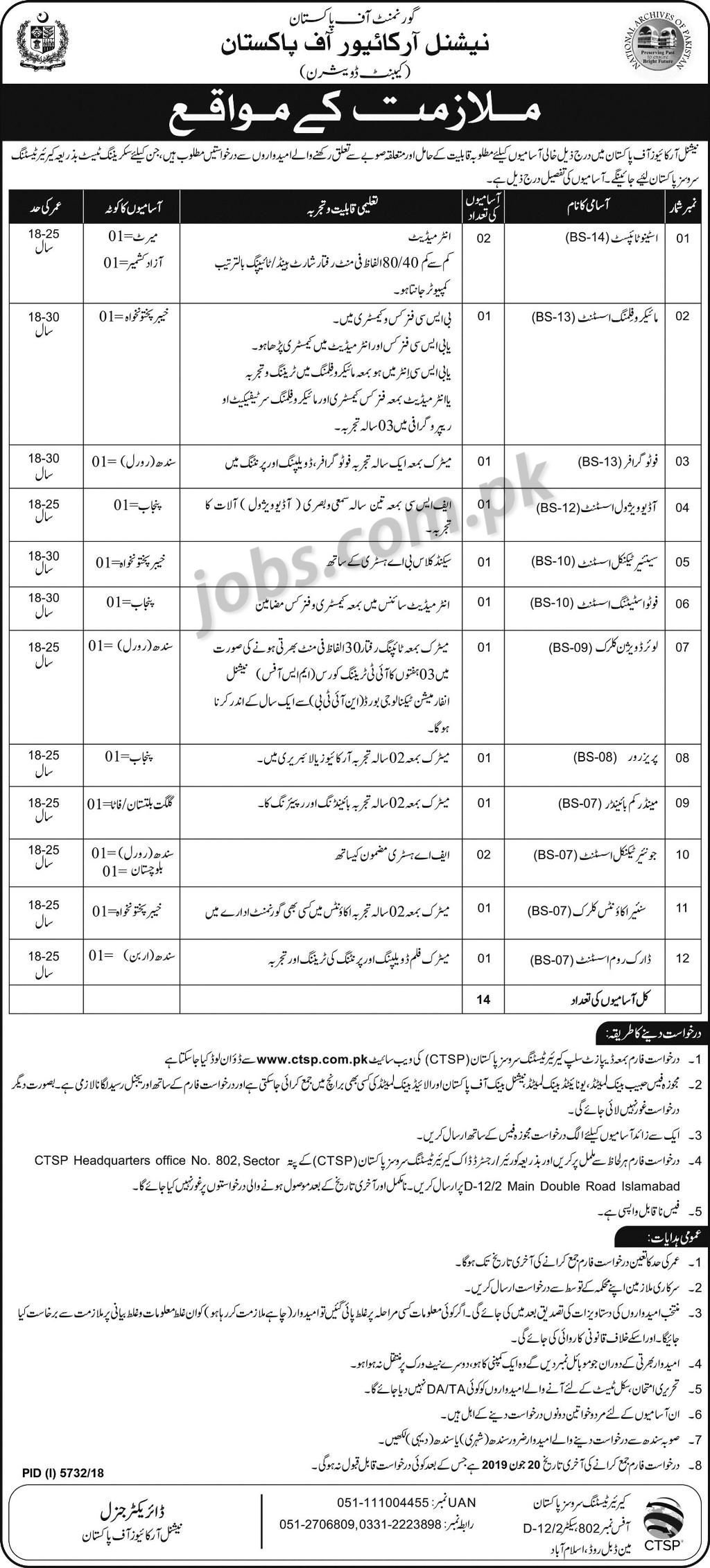 نیشنل آرکائیو آف پاکستان نوکری 2019 کے لئے 14 + سٹینٹپوائپسٹ، ایل ڈی سی، اکاؤنٹس کلر، ملٹی میڈیا اور دیگر اسٹاف (CTSP فارم ڈاؤن لوڈ کریں)