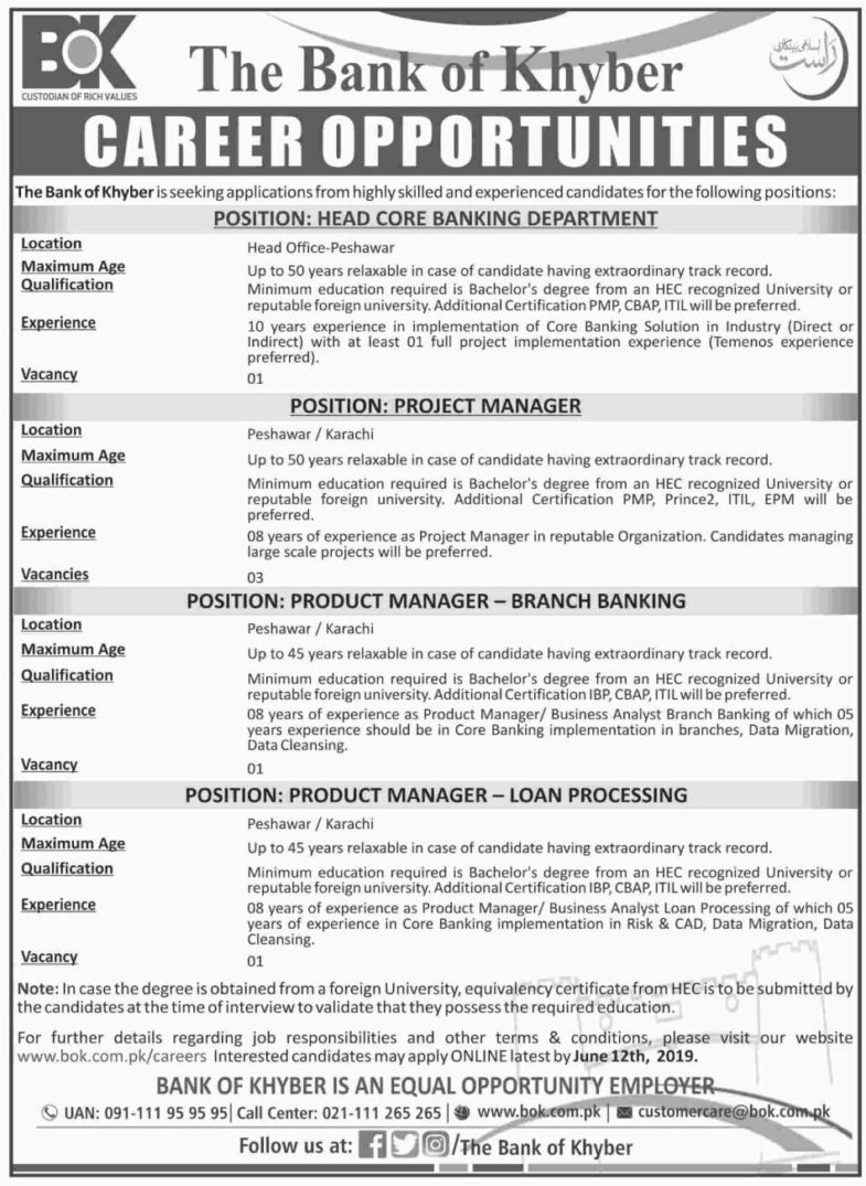 Bank of Khyber (BOK) Jobs 2019 for Various Banking Posts (Multiple Cities)