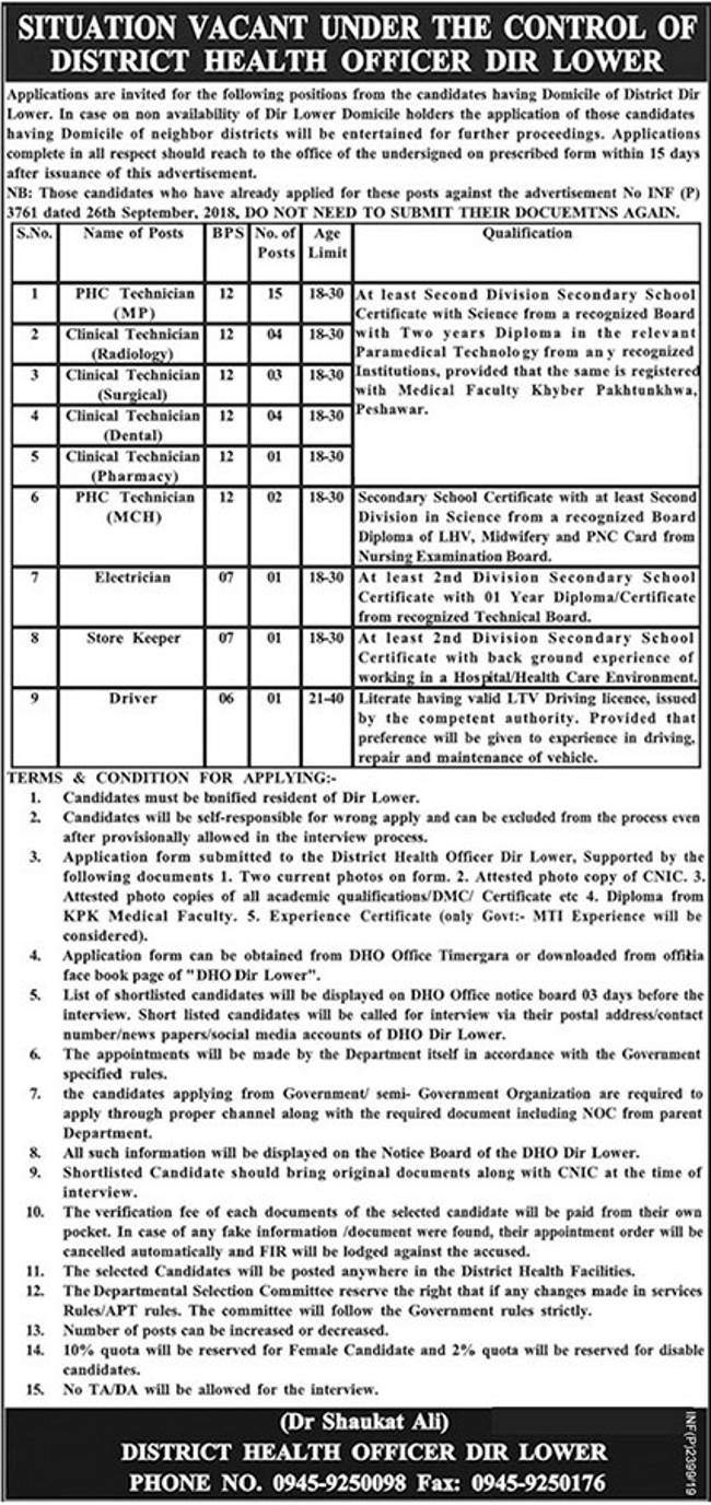 District Health Officer Dir Lower Jobs 2019 For 32+ Staff Posts