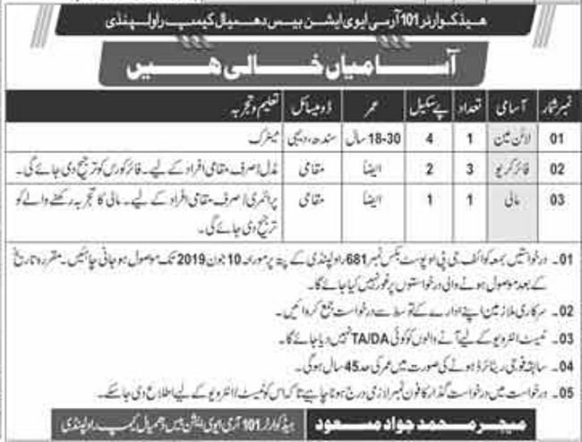 Pak Army Jobs 2019 for Line Man, Fire Crew and Support Staff at HQ 101 Army Aviation Rawalpindi