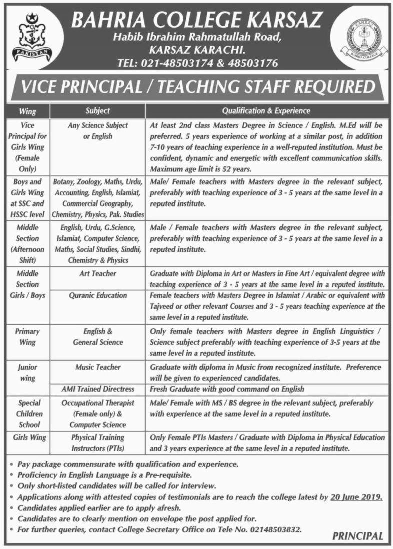 Bahria College Karsaz Jobs 2019 for Teaching Staff and Vice Principal Posts