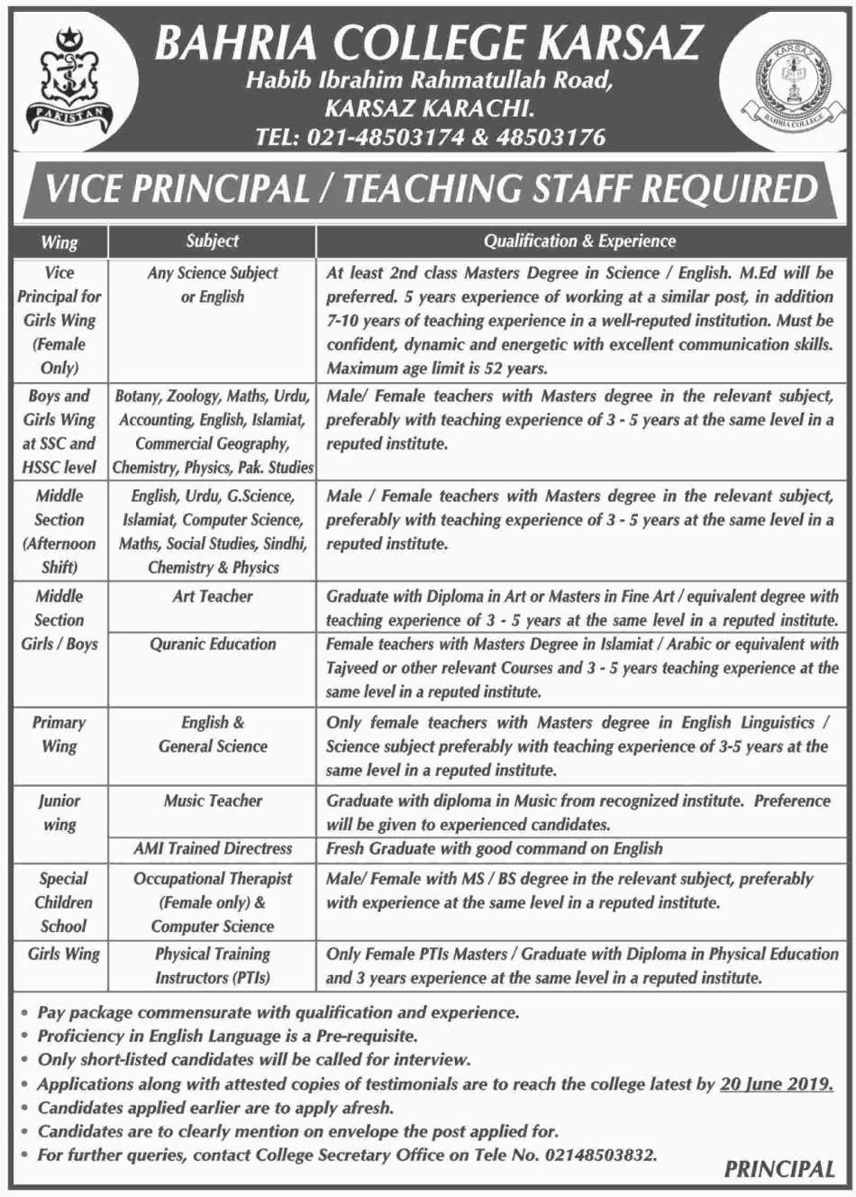 Bahria College Karsaz Jobs 2019 for Teaching Staff and Vice Principal Posts