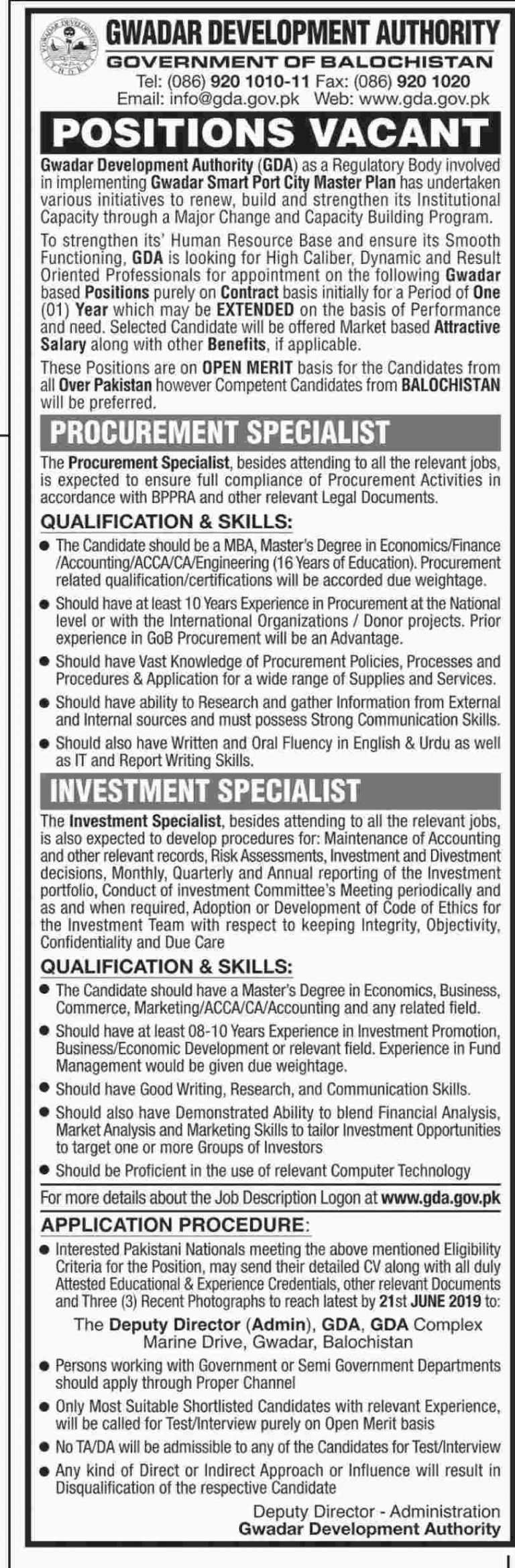 Gwadar Development Authority (GDA) Jobs 2019 for Various Professionals