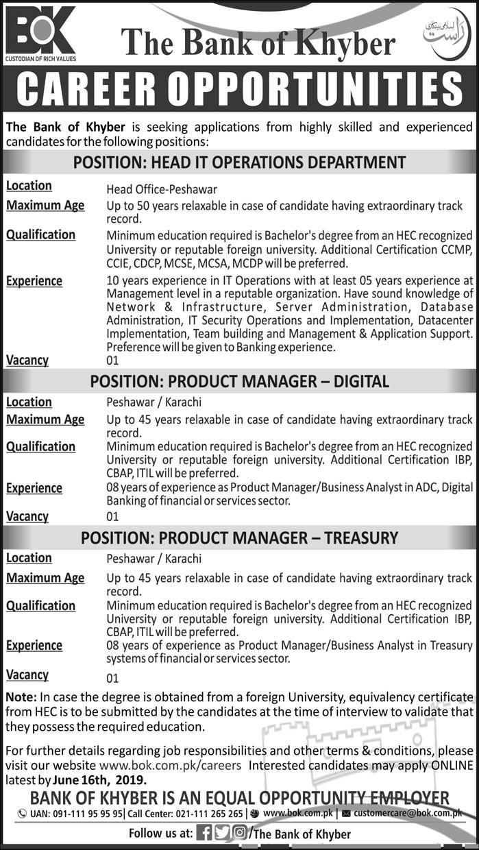 Bank of Khyber (BOK) Jobs 2019 for Product Managers and Head of IT Operations (Karachi/Peshawar)
