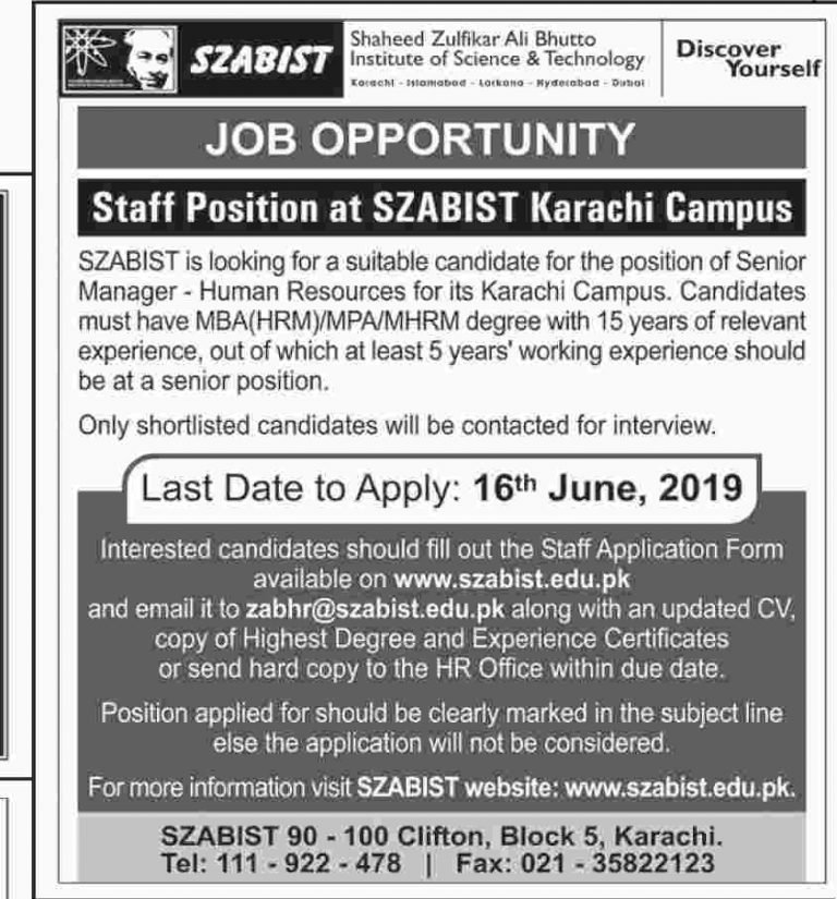 SZABIST (Karachi) Jobs 2019 for HR Manager