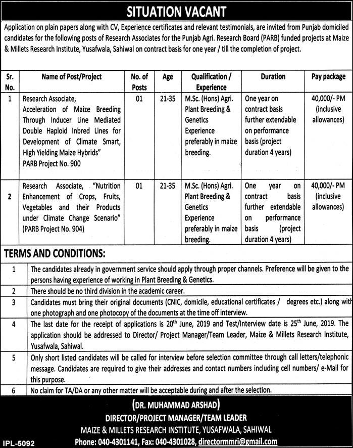 Punjab Agriculture Research Board (PARB) Jobs 2019 for Research Associates
