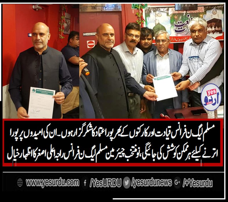 PMLN, FRANCE, REARRANGED, RAJA ALI ASGHAR , ELECTED, AS, CHAIRMAN, PMLN, FRANCE
