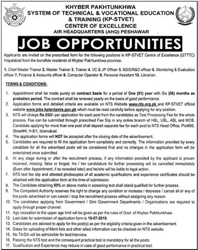 NTS Jobs 2019 For Master Trainers, VC/JP Officers, M&E Officers, Accounts/Finance Officers, PA, Computer Operators & Other At KP TEVTA / Air Headquarters Job
