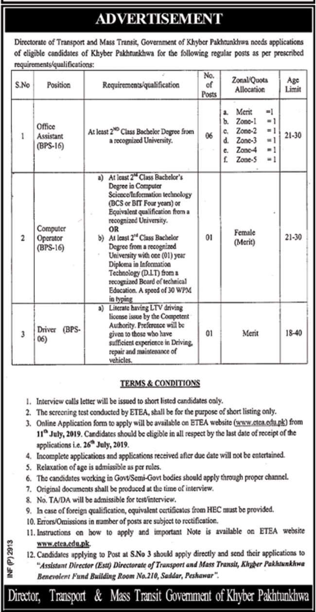 Transport & Mass Transit Department KP Jobs 2019 for 8+ Office Assistants, Computer Operators & Other