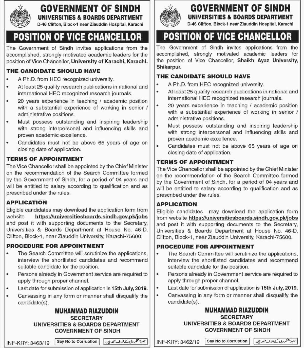 Universities & Boards Department Sindh Jobs 2019 for Vice Chancellors