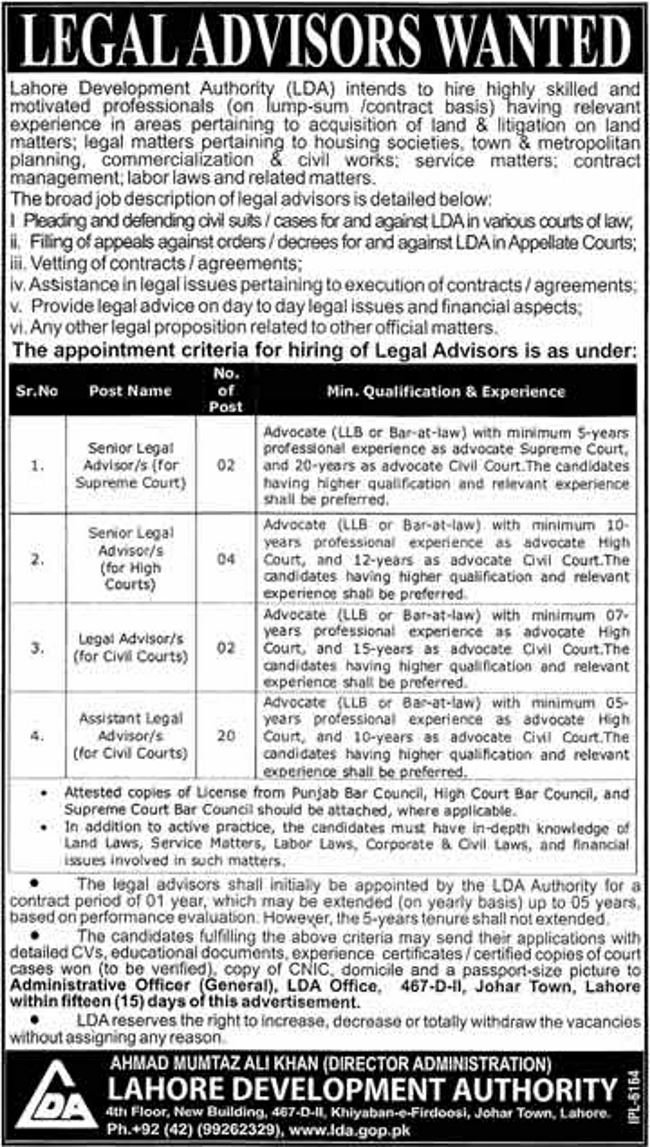Lahore Development Authority (LDA) Jobs 2019 for 28+ Assistant Legal Advisors / Legal Advisors