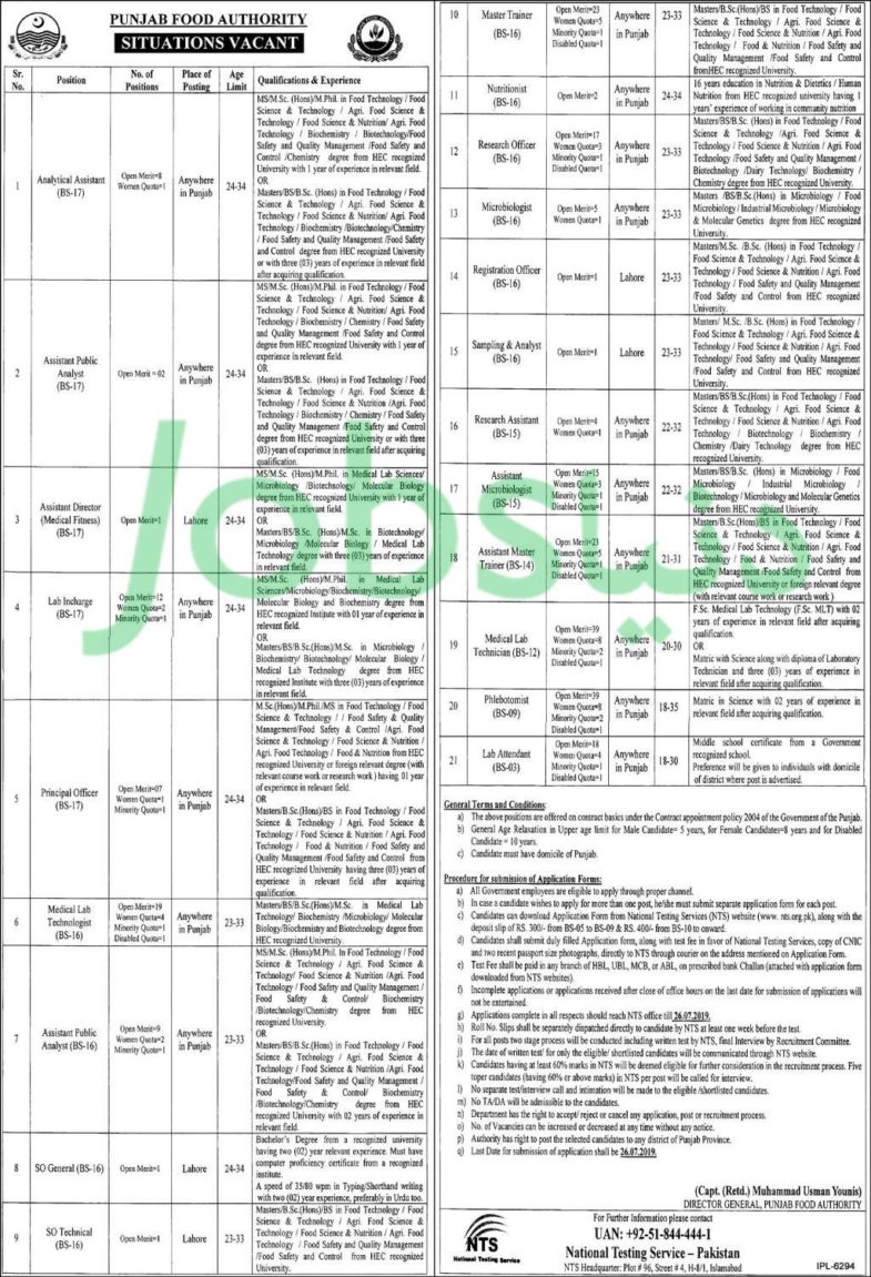 Punjab Food Authority Jobs 2019 for 239+ Posts (Download NTS Form)