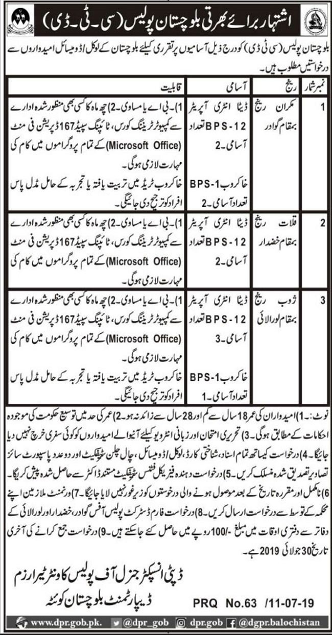 Police Department Balochistan Jobs 2019 for Data Entry Operators and Support Staff