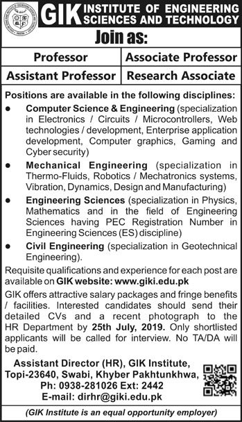 GIK Institute of Engineering Sciences & Technology Jobs 2019 for Research & Teaching Staff