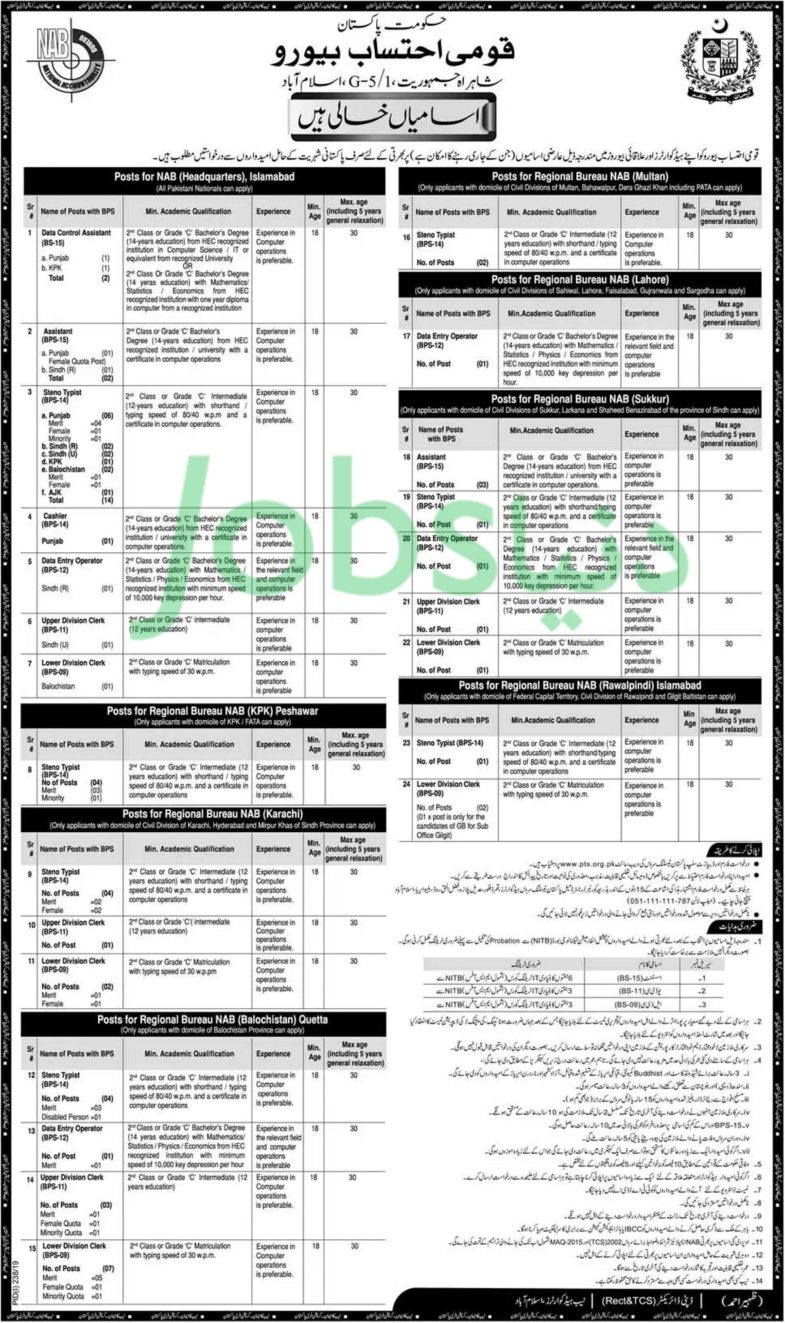 National Accountability Bureau (NAB) Jobs 2019 for 60+ Posts – Download PTS Form