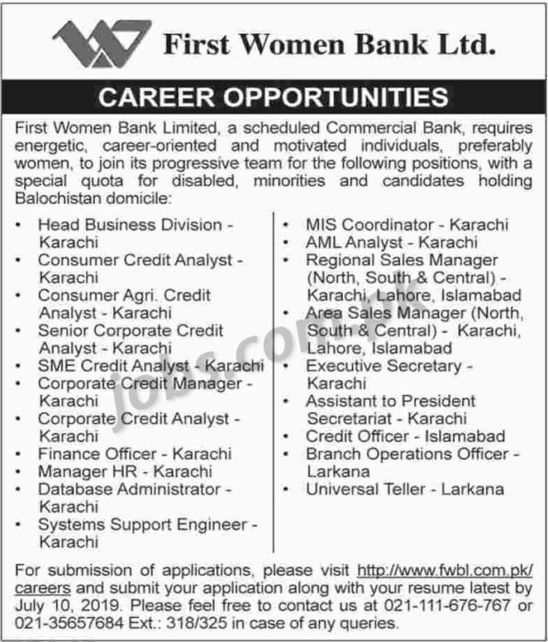 First Women Bank Ltd (FWBL) Jobs 2019 for Universal Tellers, HR, IT, COs & Others (Multiple Cities)