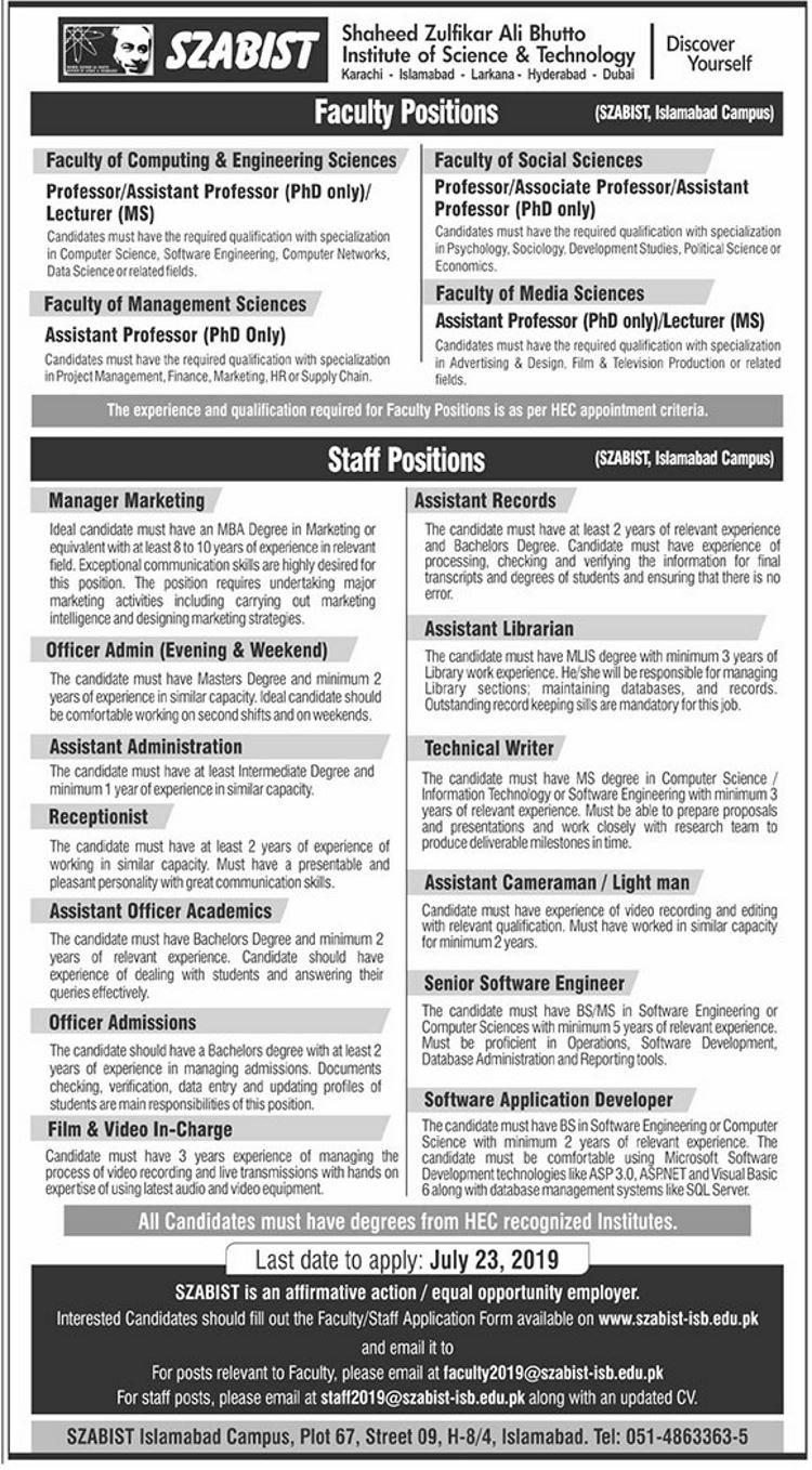 SZABIST Islamabad Jobs 2019 for Teaching & Non-Teaching Staff (Multiple Categories)
