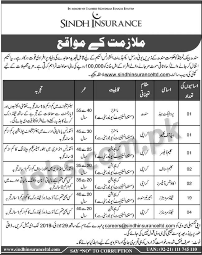 Sindh Insurance Ltd Jobs 2019 for 30+ Posts (Multiple Categories)