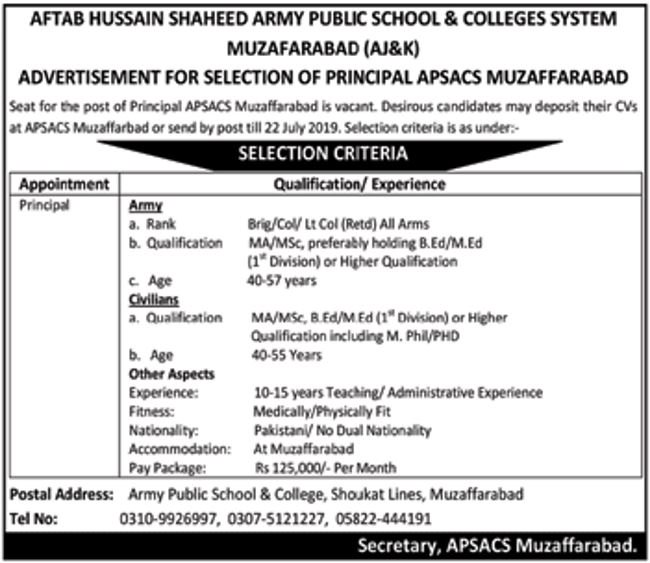 APSC Muzaffarabad AJK Jobs 2019 for Principal Post