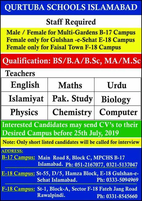 Qurtuba Schools Islamabad/Rwp Jobs 2019 for Teaching Staff
