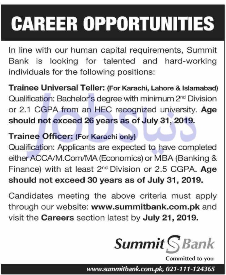Summit Bank Jobs 2019 For Trainee Universal Tellers & Trainee Officers (Islamabad, Karachi, Lahore)