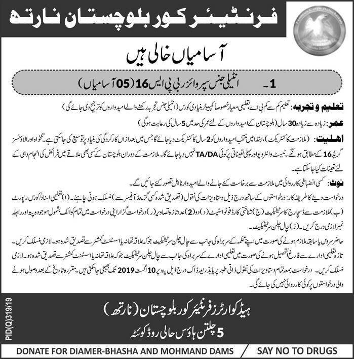 Frontier Corps (FC) Jobs 2019 for BA / Intelligence Supervisors