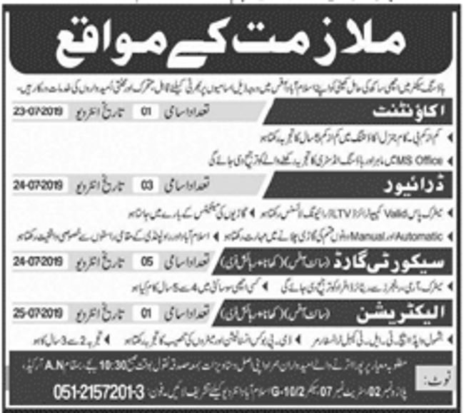 Islamabad Housing Sector Organization Jobs 2019 for Accountant, Electrician, Security Guards and Driver