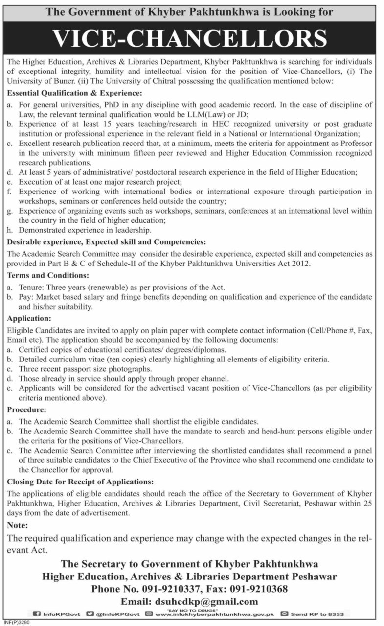 Higher Education, Archives & Libraries Department KP Jobs 2019 for Vice-Chancellors