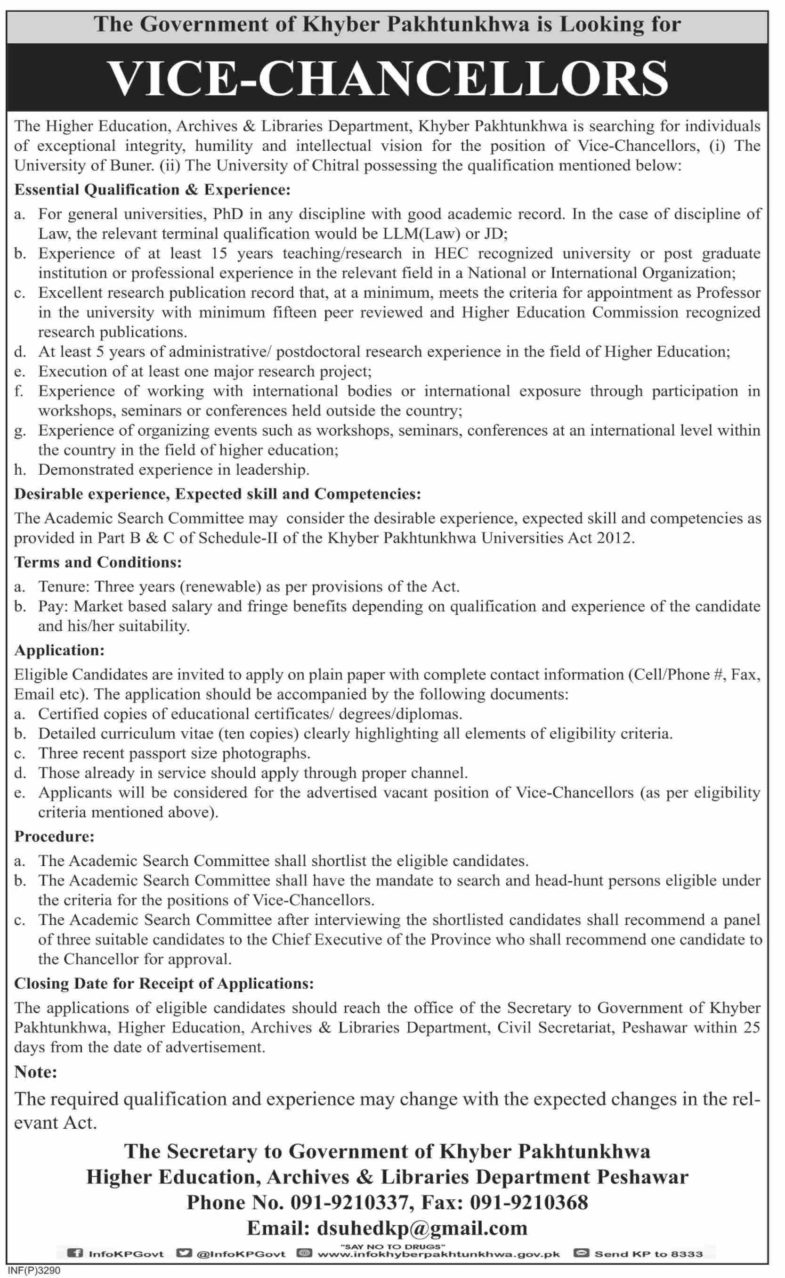 Higher Education, Archives & Libraries Department KP Jobs 2019 for Vice-Chancellors