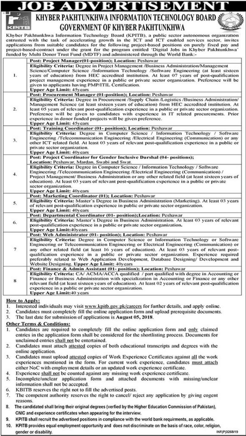 KP Information Technology Board (KPITB) Jobs 2019 for 11+ IT, Admin, Finance, Coordinator, Procurement, Project Staff & Manager