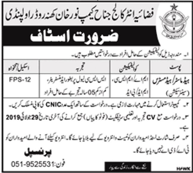 Fazaia Inter College Rawalpindi Jobs 2019 for Headmaster / Headmistress