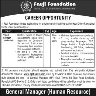 Fauji Foundation Jobs 2019 for Project Manager