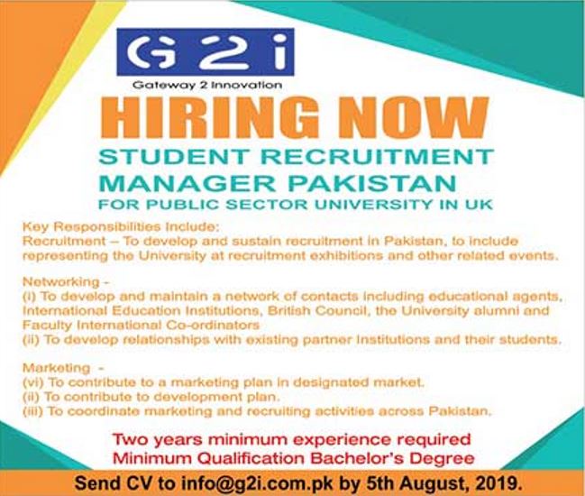 Student Recruitment Manager Pakistan Required at Public Sector University in UK
