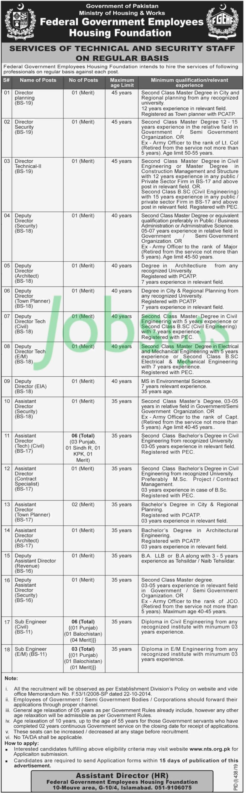 FG Employees Housing Foundation (FGEHF) Jobs 2019 for 31+ Sub-Engineers, Assistant Director, Deputy Directors & Directors (Download NTS Form)