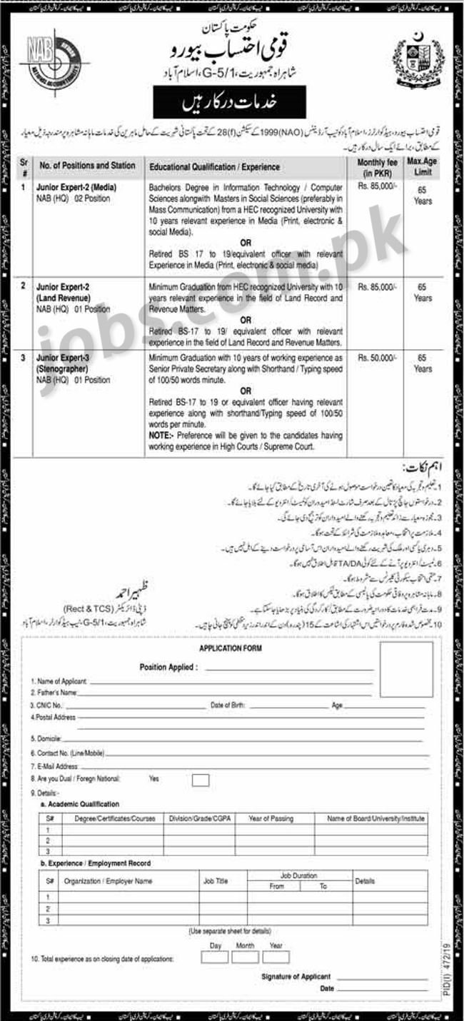 NAB Pakistan Jobs 2019 for Jr Experts-II/III Posts