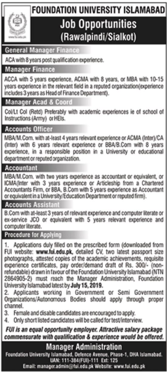 Foundation University Jobs 2019 for Accounts, Finance, Management / Coordinator (Islamabad/Rawalpindi/Sialkot)