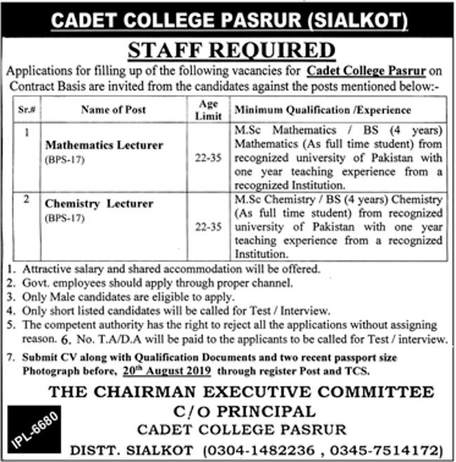 Cadet College Pasrur / Sialkot Jobs 2019 for Teaching Faculty