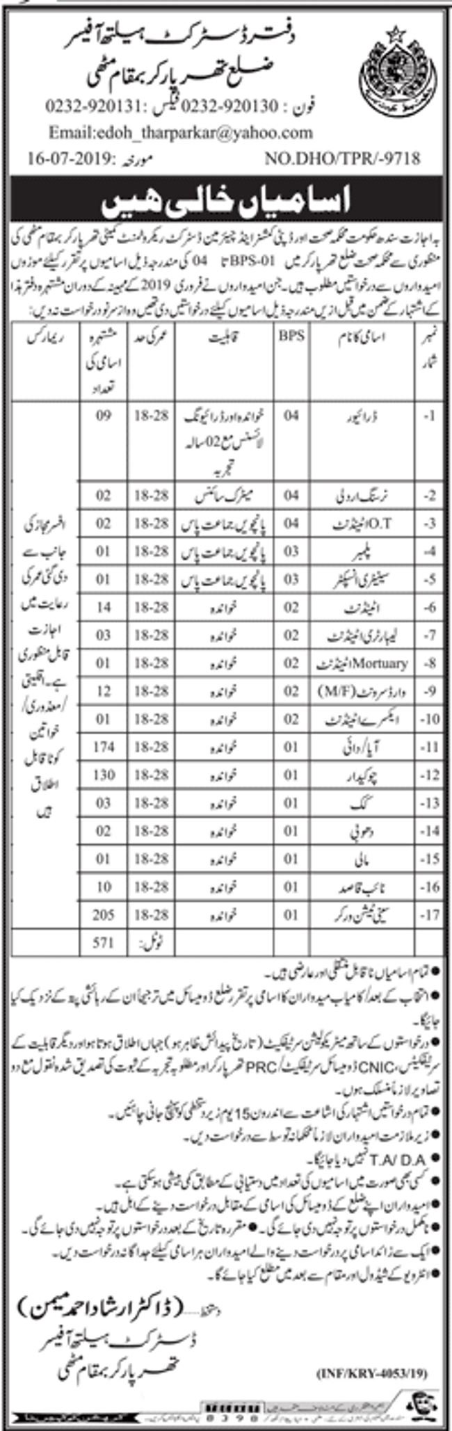District Health Officer Tharparkar Jobs 2019 for 570+ Support Staff