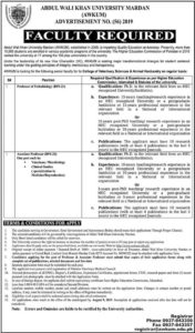 Abdul Wali Khan University Mardan Jobs 56/2019 for Teaching Faculty