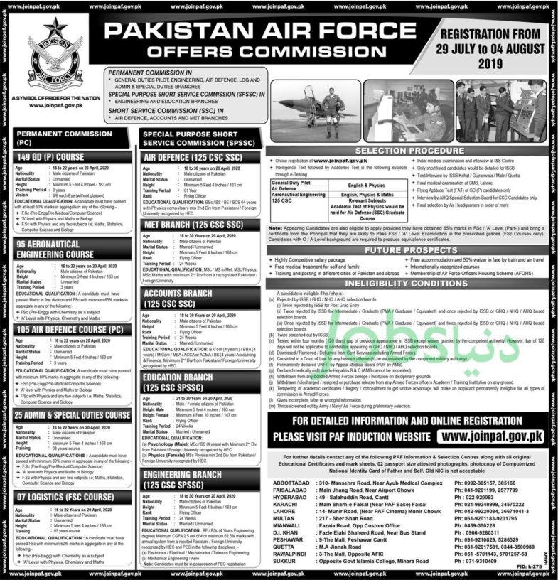 Join Pakistan Air Force 2019 in Permanent Commission, SPSSC and SSC – Apply Online