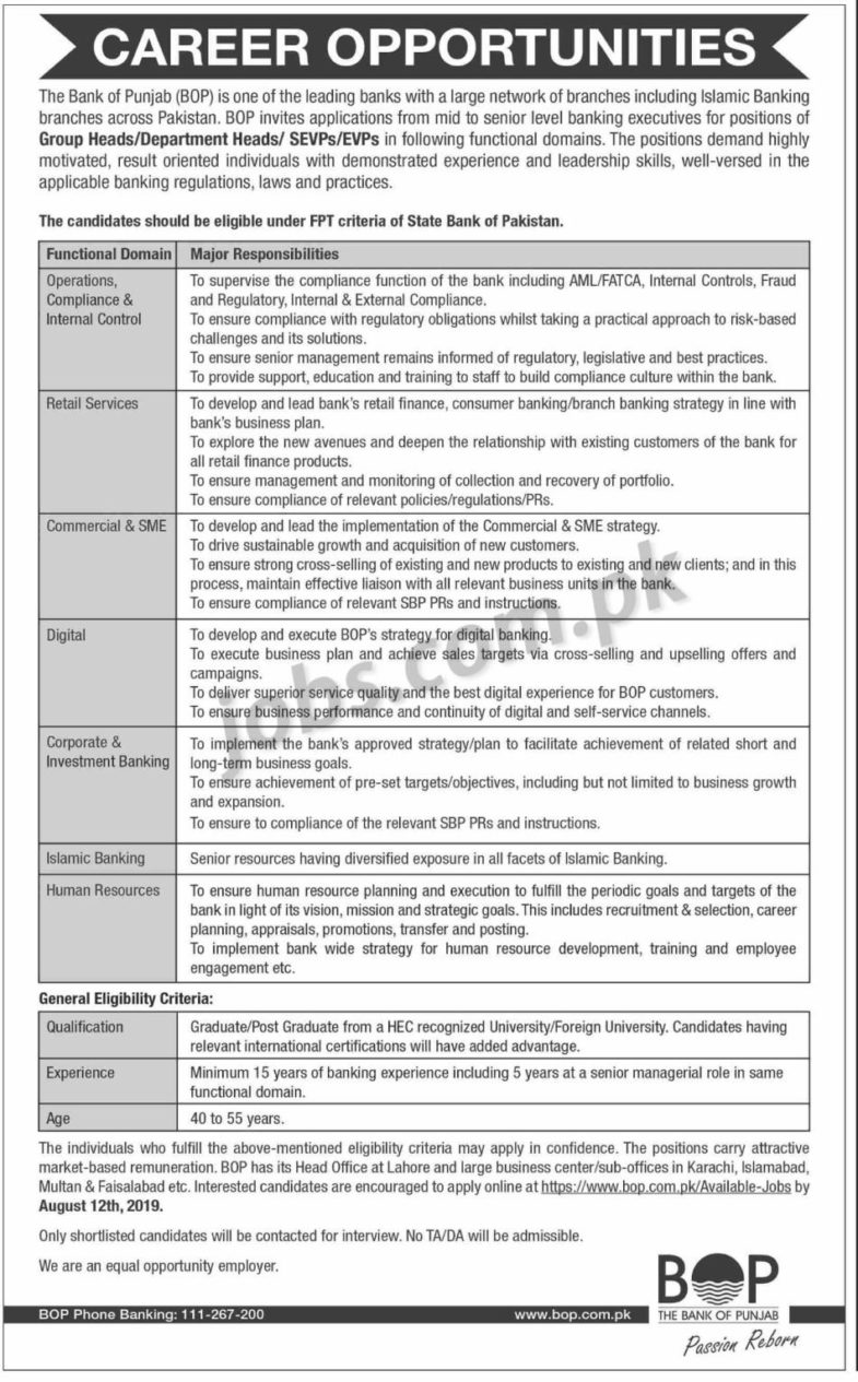 Bank of Punjab (BOP) Jobs 2019 for Professionals in 7+ Departments