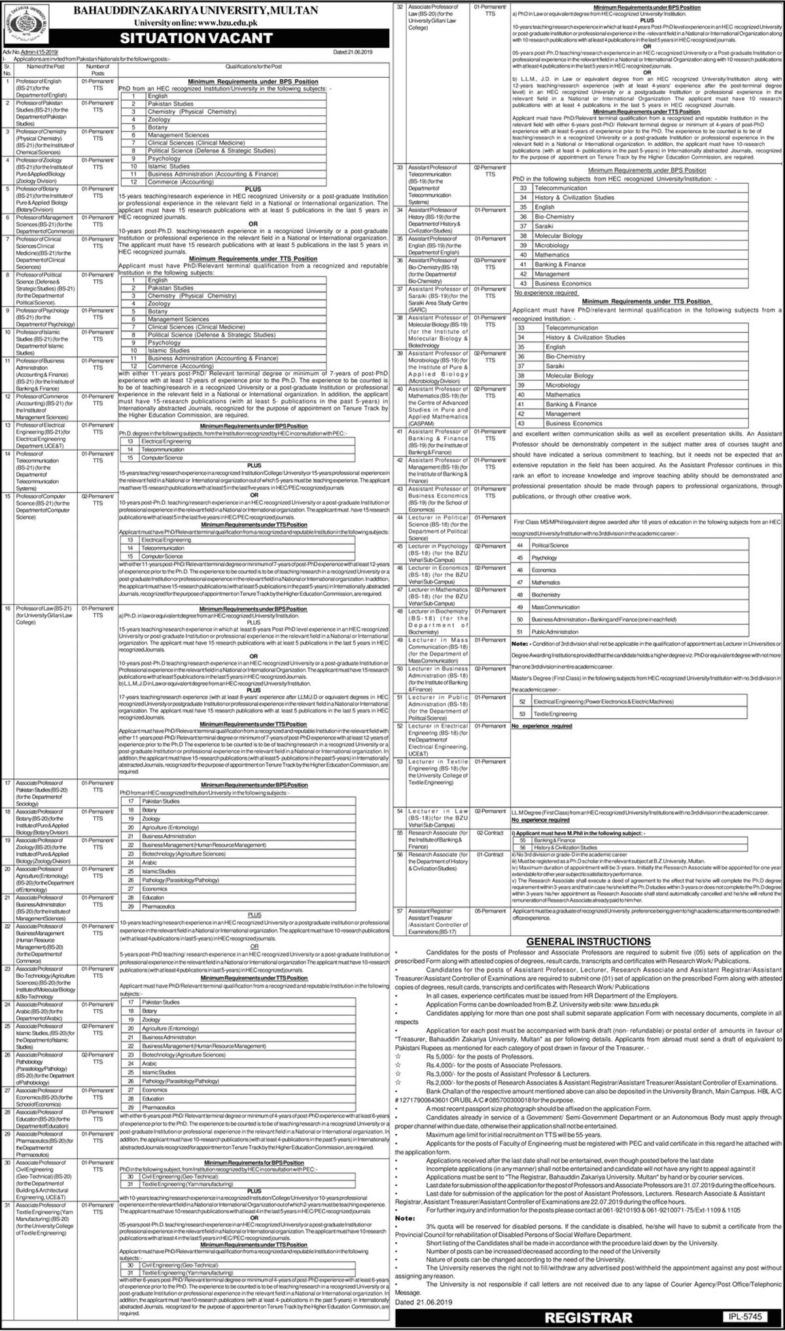 Bahauddin Zakariya University (BZU) Jobs 2019 for 100+ Teaching Faculty & Non-Teaching Staff