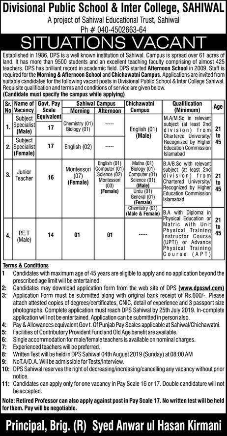 Divisional Public School / Inter College Sahiwal Jobs 2019 for Jr Teachers, Subject Specialists & PET
