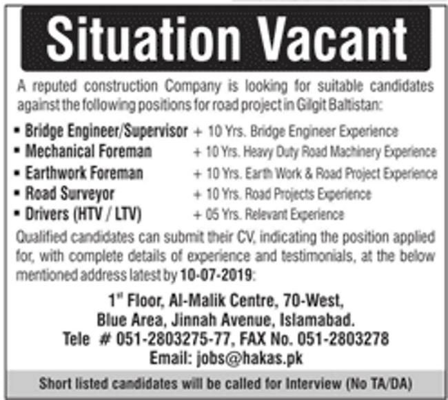 HAKAS Construction Company Jobs 2019 for Engineers, Foreman, Surveyors, Supervisors & Drivers for Projects