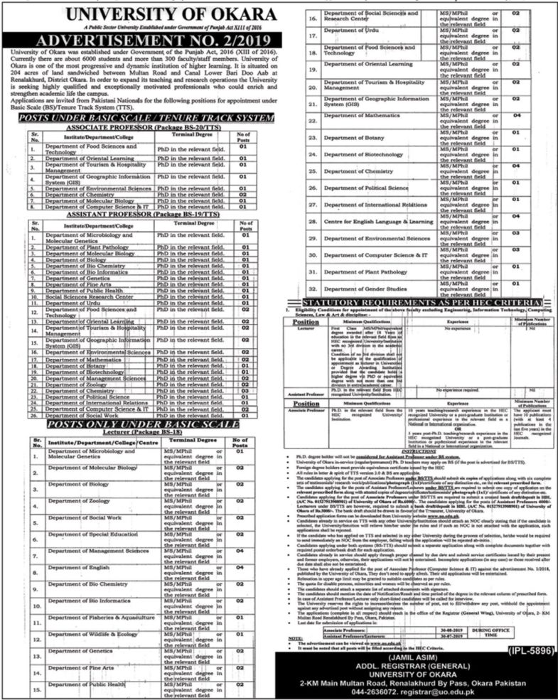 University of Okara Jobs July 2019 (2/2019) for Teaching Faculty