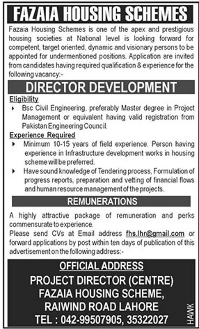 Fazaia Housing Schemes Jobs 2019 for Director / Management