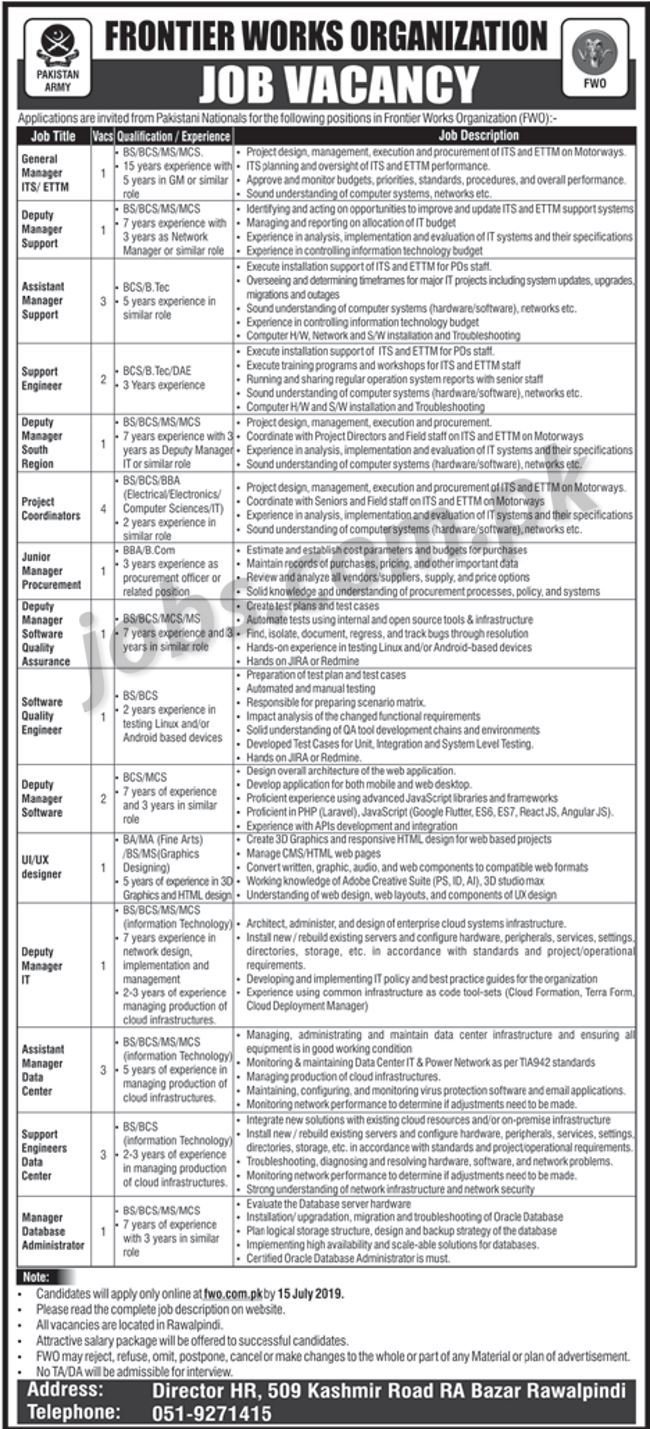 Frontier Works Organization Jobs 2019 For 26+ IT, Engineers, Procurement & Other Posts 