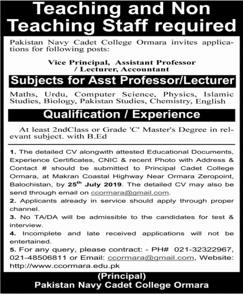 Pakistan Navy Cadet College Gwadar Jobs 2019 for Teaching & Non-Teaching Staff